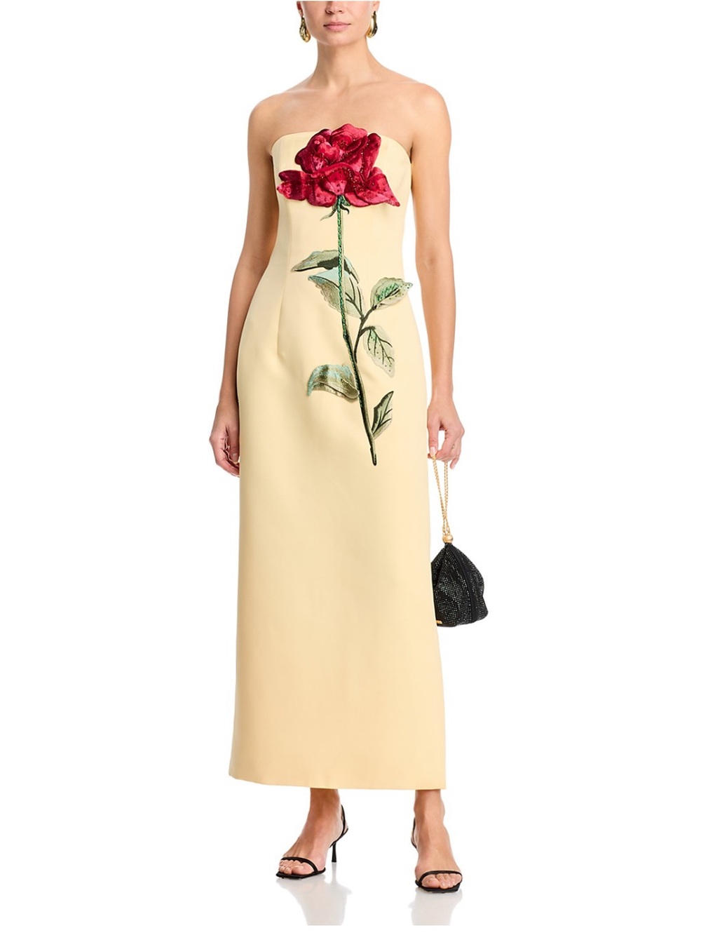 NWT LEO LIN RAYNA Strapless Cream Maxi Dress with Red Floral Appliqué